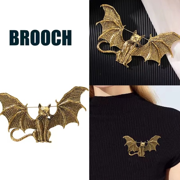 Gothic Bat Cat Brass Brooch - Picture 11 of 12